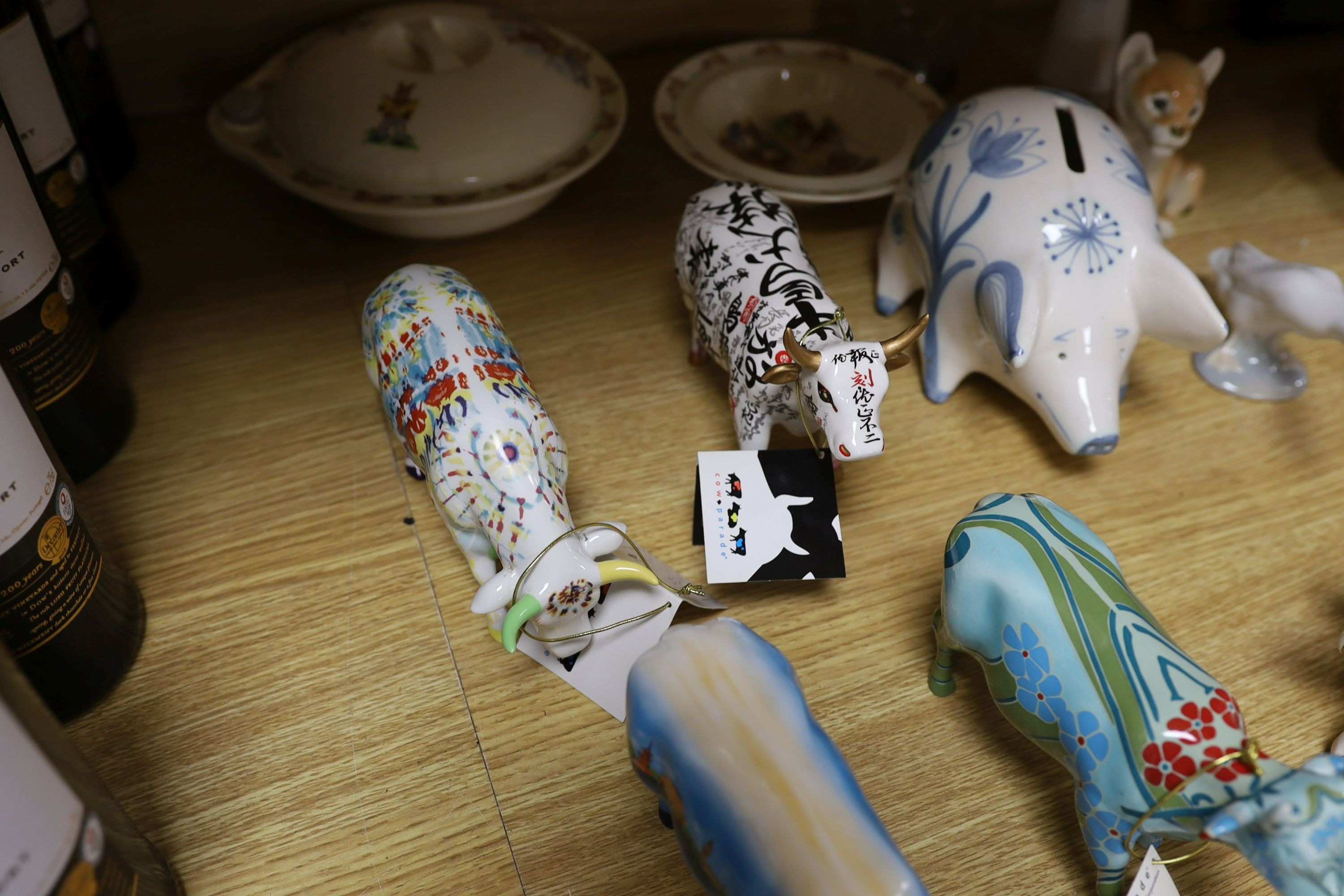 A Rye pottery pig money box and sundry china including Lladro and Bunnykins